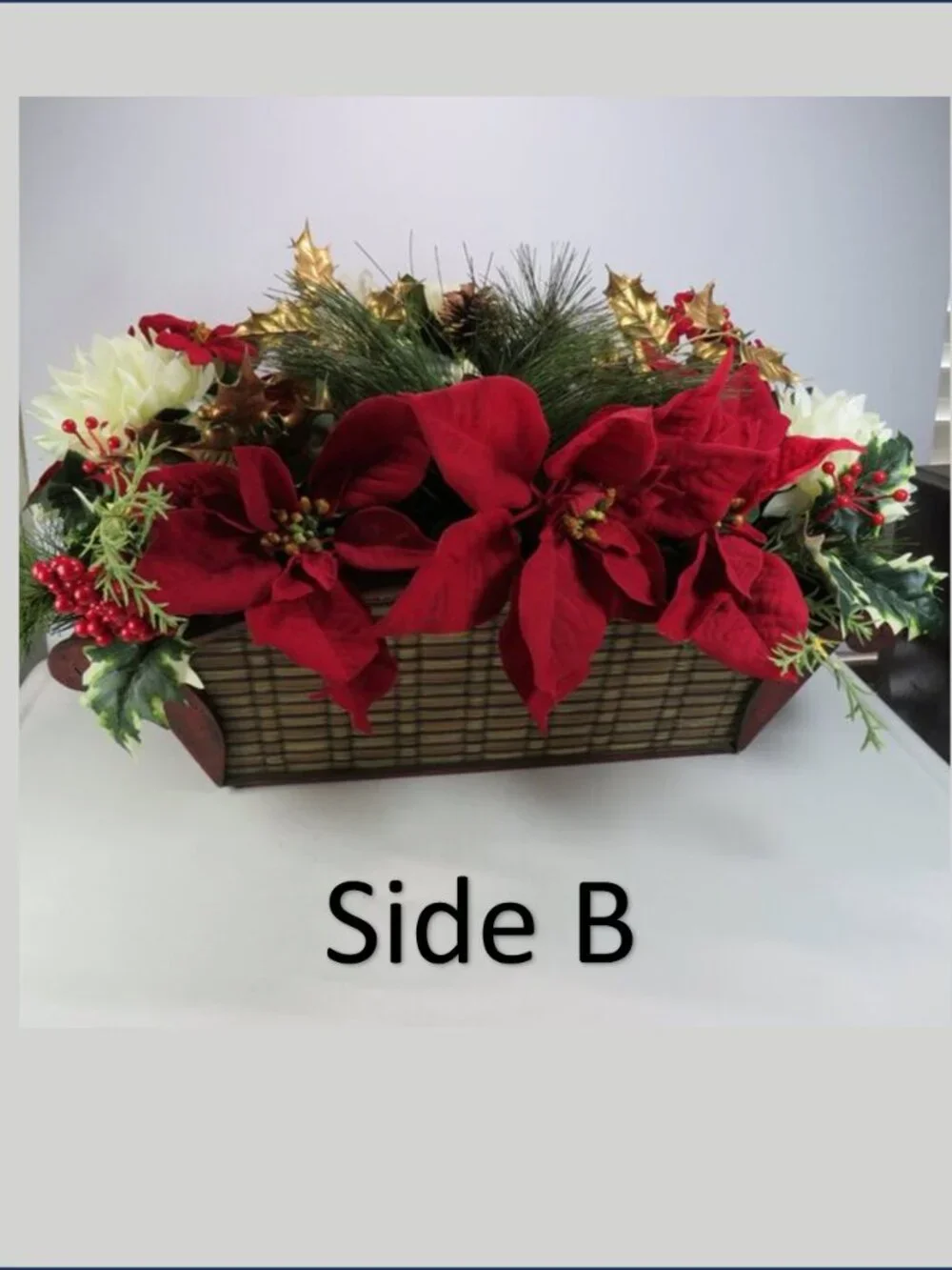 Poinsettia Christmas Floral Centerpiece Retro Wood Trough Planter Bowl MCM